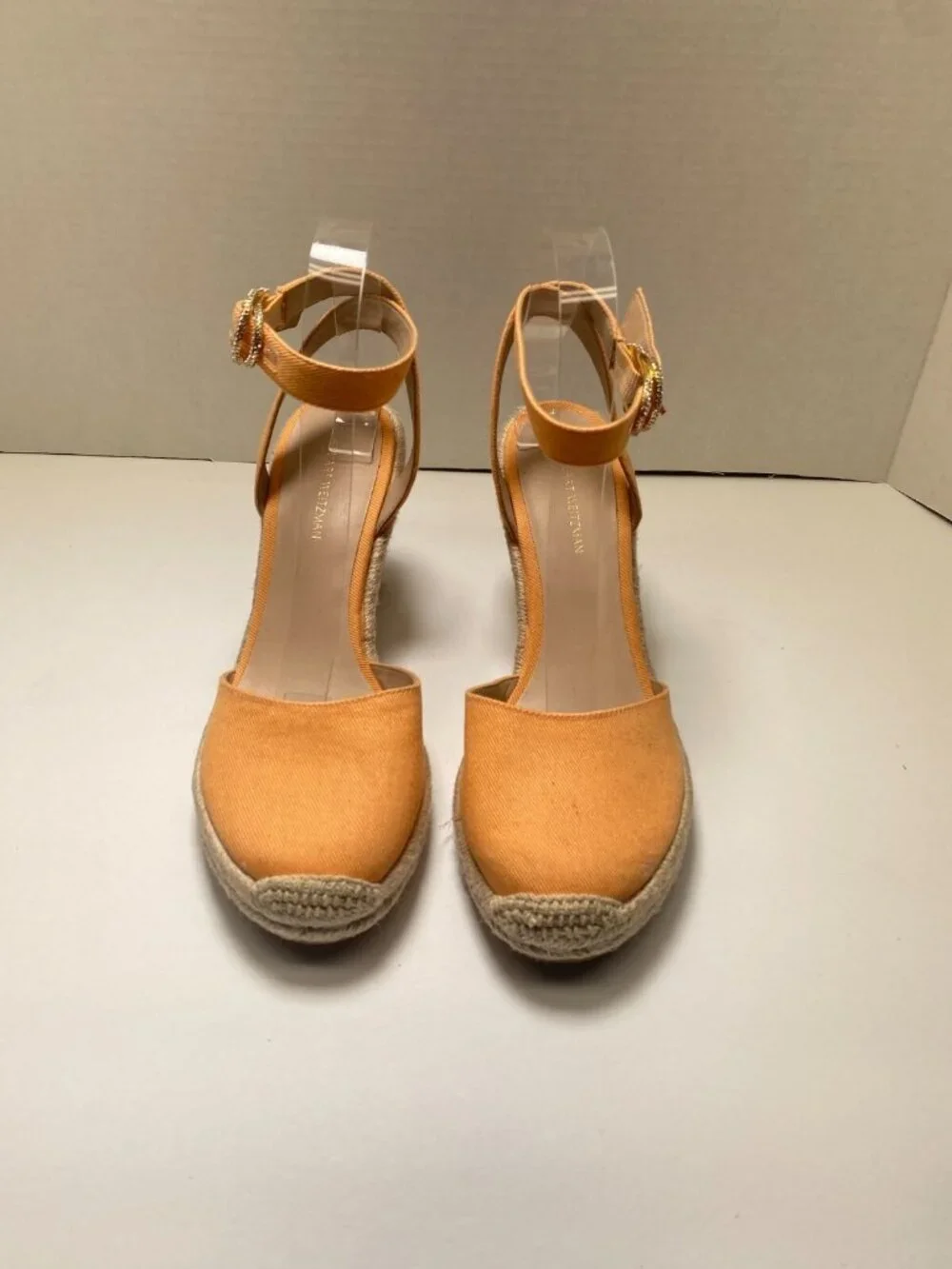 Stuart Weitzman Women's Natural Crystal Buckle Espadrille Wedge Sandal Sz 11